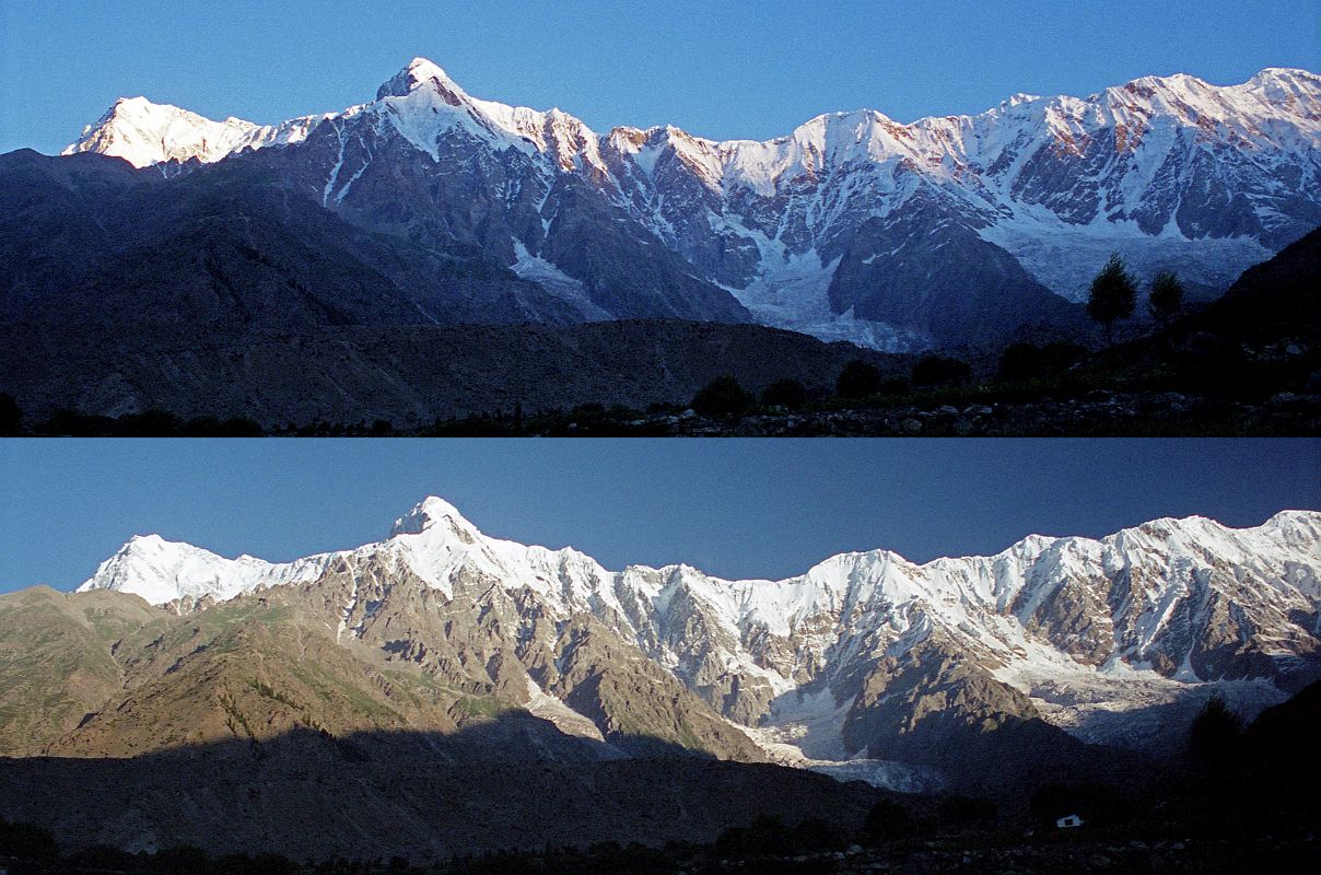 11 Ridge From Nanga Parbat To Rakhiot Peak To Chongra Peak From Tarashing At Sunrise Gunther Messner�s diary May 15, 1970: The day dawns bright and cloudless. For the first time I see Nanga and Chongra Peak from the south: the impression is overwhelming. Huge hanging glaciers, terrifying precipices, furrowed by avalanches. Right over to the left is the summit of Nanga! (The Naked Mountain by Reinhold Messner)